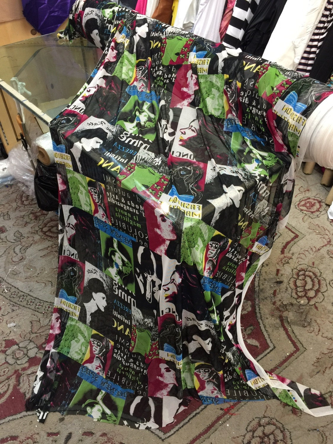 4 way stretch English mesh w playful design Fabric by the yard magazine soft Colorful multicolor black mesh dancer clothing Fashion soft