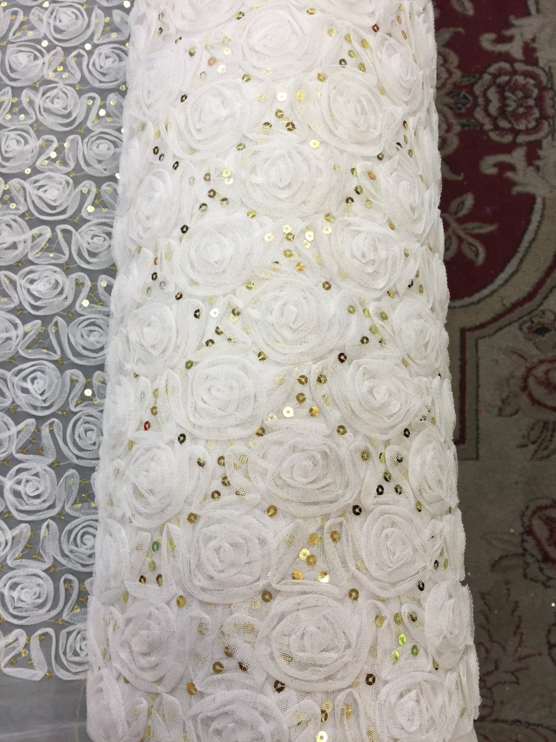 Off White Rosettes W Small Gold Sequin on Mesh Lace Fabric by the Yard Bridal Wedding Gown Gorgeous Decoration Draping Table Cloths Fabric