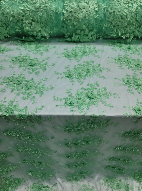Mint Beaded Lace 3d Floral Flowers Embroidered on Mesh Sequin Pearls Prom Fabric Sold by the Yard Gown Bridal Quinceañera