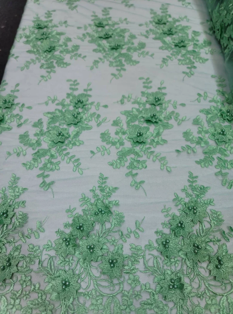 Mint Beaded Lace 3d Floral Flowers Embroidered on Mesh Sequin Pearls Prom Fabric Sold by the Yard Gown Bridal Quinceañera