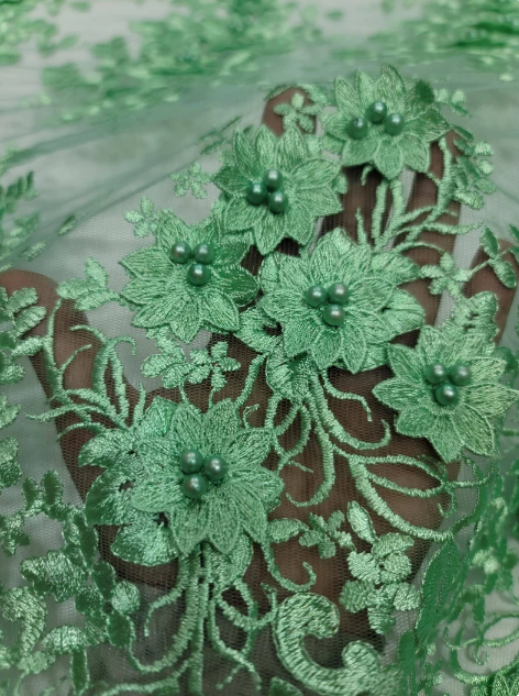 Mint Beaded Lace 3d Floral Flowers Embroidered on Mesh Sequin Pearls Prom Fabric Sold by the Yard Gown Bridal Quinceañera