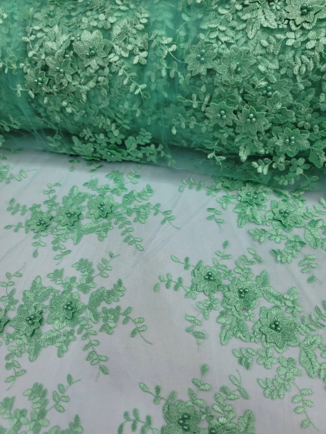 Mint Beaded Lace 3d Floral Flowers Embroidered on Mesh Sequin Pearls Prom Fabric Sold by the Yard Gown Bridal Quinceañera