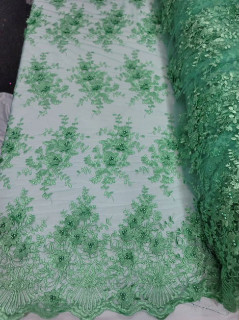 Mint Beaded Lace 3d Floral Flowers Embroidered on Mesh Sequin Pearls Prom Fabric Sold by the Yard Gown Bridal Quinceañera