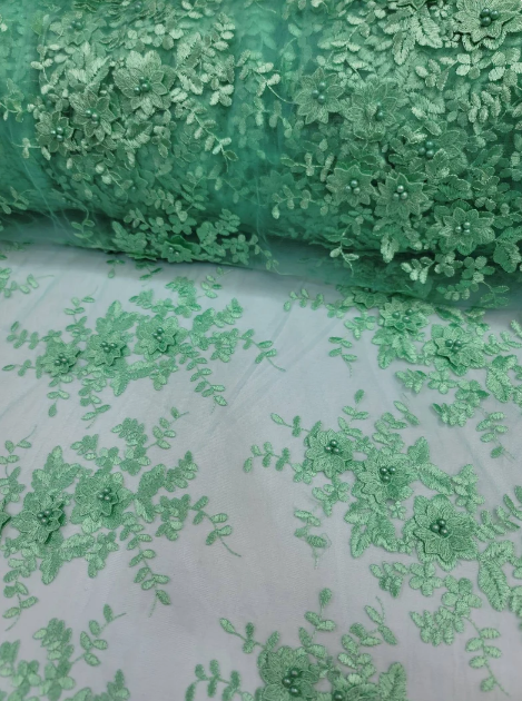 Mint Beaded Lace 3d Floral Flowers Embroidered on Mesh Sequin Pearls Prom Fabric Sold by the Yard Gown Bridal Quinceañera