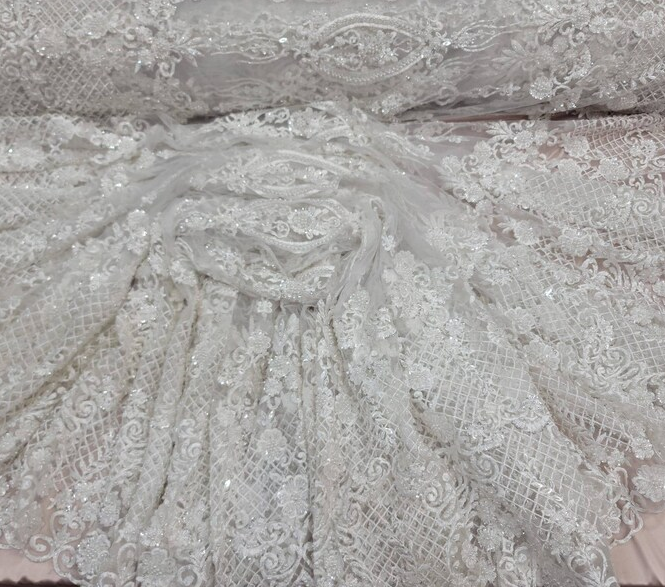 Off White Bridal Lace 3d Chiffon Floral Flowers Embroidery Lace Fabric Sold By The Yard Scalloped Wedding Dress Beaded Lace Baptism