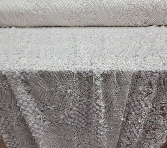 Off White Bridal Lace 3d Chiffon Floral Flowers Embroidery Lace Fabric Sold By The Yard Scalloped Wedding Dress Beaded Lace Baptism