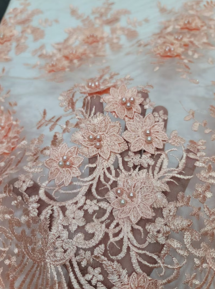 Peach Beaded Lace 3d Floral Flowers Embroidered on Mesh Sequin Pearls Prom Fabric Sold by the Yard Gown Bridal Quinceañera