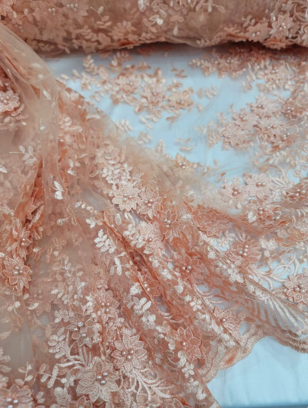 Peach Beaded Lace 3d Floral Flowers Embroidered on Mesh Sequin Pearls Prom Fabric Sold by the Yard Gown Bridal Quinceañera