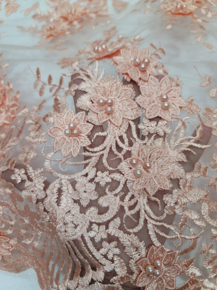 Peach Beaded Lace 3d Floral Flowers Embroidered on Mesh Sequin Pearls Prom Fabric Sold by the Yard Gown Bridal Quinceañera