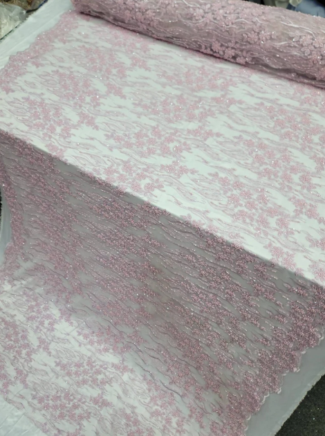 Pink Beaded Lace Embroidery Lilac On Mesh Prom Fabric Sold by The Yard Gown Quinceañera Bridal