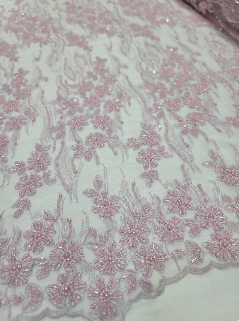 Pink Beaded Lace Embroidery Lilac On Mesh Prom Fabric Sold by The Yard Gown Quinceañera Bridal