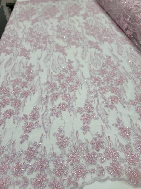 Pink Beaded Lace Embroidery Lilac On Mesh Prom Fabric Sold by The Yard Gown Quinceañera Bridal