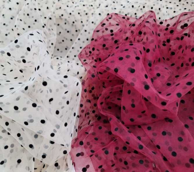 Black Polka-dot On Nude Mesh or Burgundy Mesh Tulle Stretch Fabric - Choose Color - By The Yard - Gown Prom Bridal Backdrop