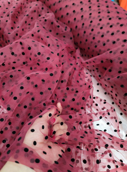 Black Polka-dot On Nude Mesh or Burgundy Mesh Tulle Stretch Fabric - Choose Color - By The Yard - Gown Prom Bridal Backdrop