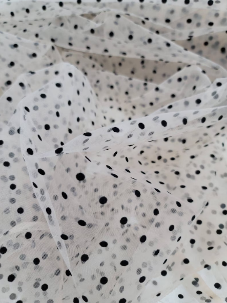 Black Polka-dot On Nude Mesh or Burgundy Mesh Tulle Stretch Fabric - Choose Color - By The Yard - Gown Prom Bridal Backdrop