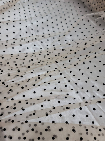 Black Polka-dot On Nude Mesh or Burgundy Mesh Tulle Stretch Fabric - Choose Color - By The Yard - Gown Prom Bridal Backdrop