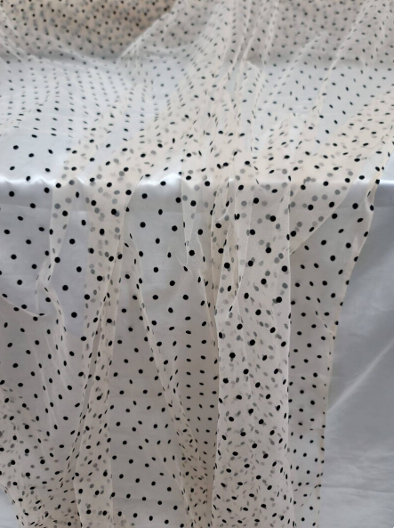 Black Polka-dot On Nude Mesh or Burgundy Mesh Tulle Stretch Fabric - Choose Color - By The Yard - Gown Prom Bridal Backdrop