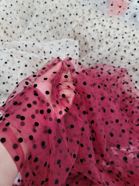 Black Polka-dot On Nude Mesh or Burgundy Mesh Tulle Stretch Fabric - Choose Color - By The Yard - Gown Prom Bridal Backdrop