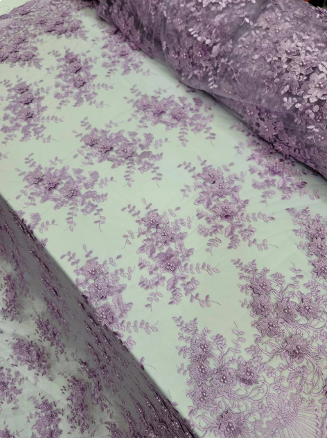 Lace For Bridal Quinceañera Lace 3d Floral Flowers Lavender Embroidery Pearls On Mesh Fabric Sold By The Yard Prom
