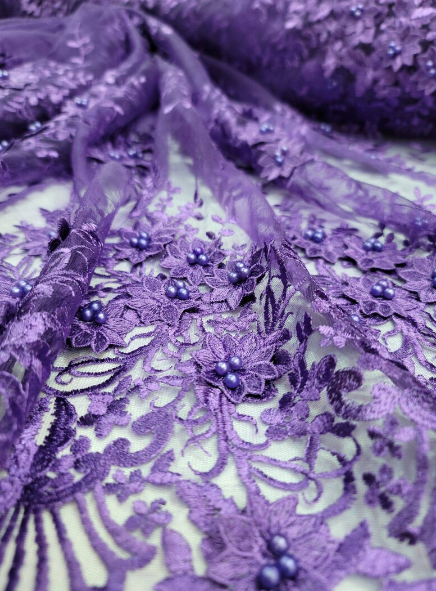 Purple Beaded Lace 3d Floral Flowers Embroidered on Mesh Sequin Pearls Prom Fabric Sold by the Yard Gown Bridal Quinceañera