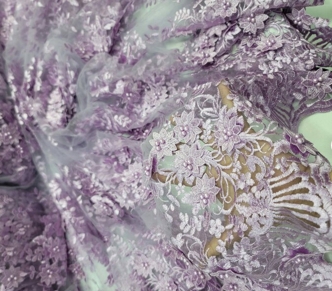 Lace For Bridal Quinceañera Lace 3d Floral Flowers Lavender Embroidery Pearls On Mesh Fabric Sold By The Yard Prom