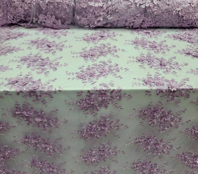 Lace For Bridal Quinceañera Lace 3d Floral Flowers Lavender Embroidery Pearls On Mesh Fabric Sold By The Yard Prom