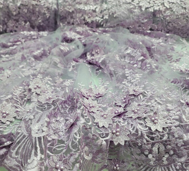 Lace For Bridal Quinceañera Lace 3d Floral Flowers Lavender Embroidery Pearls On Mesh Fabric Sold By The Yard Prom
