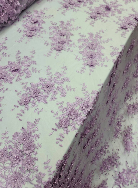 Lace For Bridal Quinceañera Lace 3d Floral Flowers Lavender Embroidery Pearls On Mesh Fabric Sold By The Yard Prom