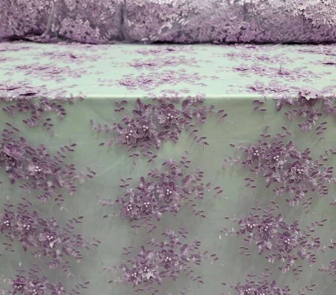 Lace For Bridal Quinceañera Lace 3d Floral Flowers Lavender Embroidery Pearls On Mesh Fabric Sold By The Yard Prom