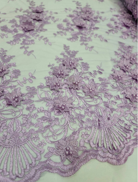 Lace For Bridal Quinceañera Lace 3d Floral Flowers Lavender Embroidery Pearls On Mesh Fabric Sold By The Yard Prom