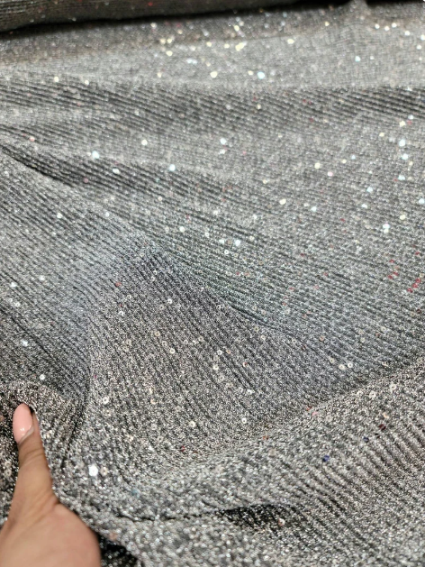 Gray Stretch Pleated Fabric By The Yard Embroidery Sequin