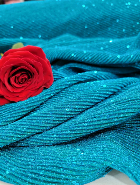 Teal Blue Pleated Stretch Spandex Lame Embroidery Sequin Fabric By The Yard Gown