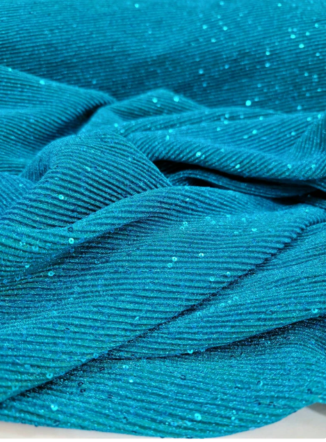 Teal Blue Pleated Stretch Spandex Lame Embroidery Sequin Fabric By The Yard Gown