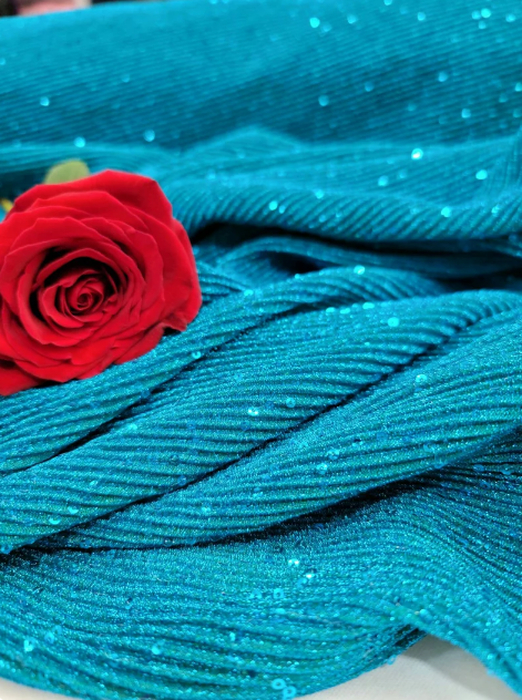 Teal Blue Pleated Stretch Spandex Lame Embroidery Sequin Fabric By The Yard Gown