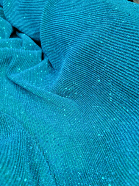 Teal Blue Pleated Stretch Spandex Lame Embroidery Sequin Fabric By The Yard Gown