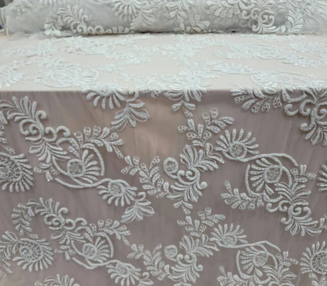 Off White Hand Beaded Bridal Lace Fabric Sold By The Yard Wedding Gown Floral Flowers Embroidered on Mesh Gourgeos Luxurious Wedding Lace