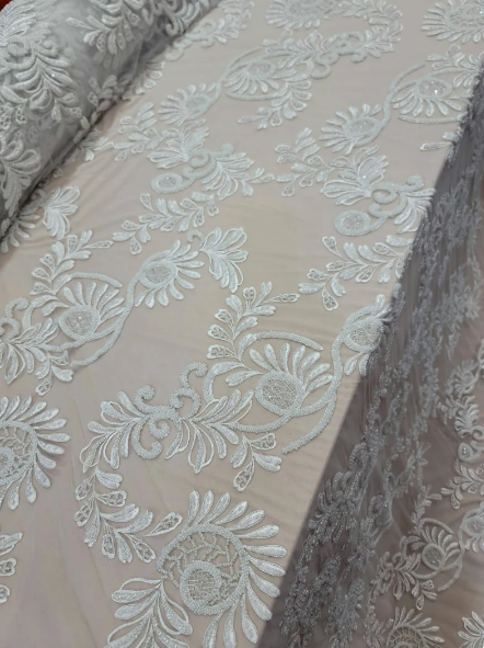 Off White Hand Beaded Bridal Lace Fabric Sold By The Yard Wedding Gown Floral Flowers Embroidered on Mesh Gourgeos Luxurious Wedding Lace