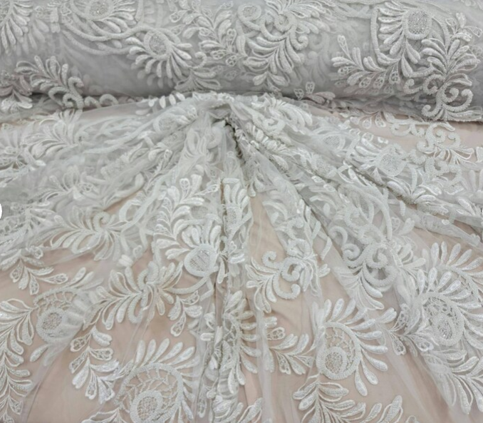 Off White Hand Beaded Bridal Lace Fabric Sold By The Yard Wedding Gown Floral Flowers Embroidered on Mesh Gourgeos Luxurious Wedding Lace