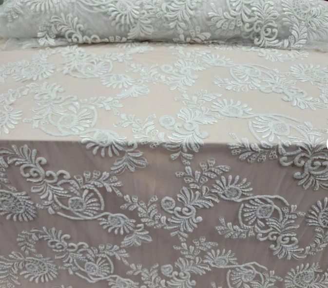 Off White Hand Beaded Bridal Lace Fabric Sold By The Yard Wedding Gown Floral Flowers Embroidered on Mesh Gourgeos Luxurious Wedding Lace