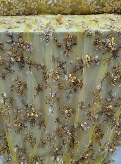 Yellow Beaded Lace 3d floral flowers Rhinestones On Mesh Embroidery Prom Fabric Sold By The Yard
