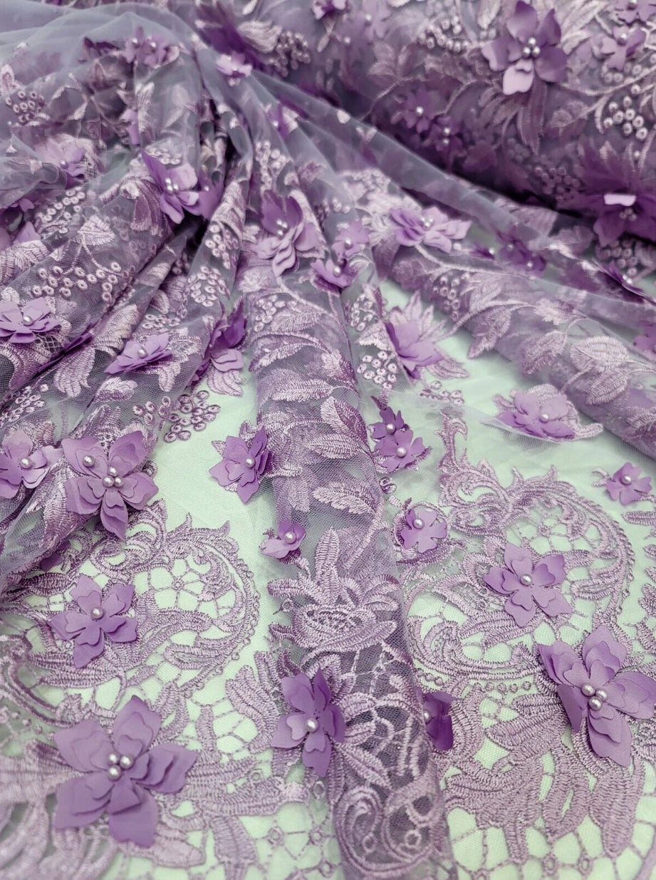 Lavender 3D Floral Design Embroidered Mesh Lace Fabric - Sold by the Yard (54" Width)