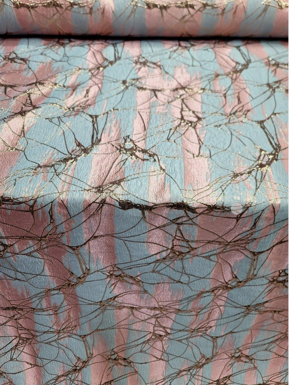 Pink Brocade Jacquard Fabric - Sold By The Yard - Sky Blue Metallic Rose Gold Fashion (60” Width)