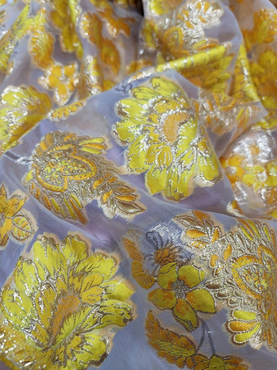 Yellow Orange Gold Floral Brocade Clear Organza Fabric - Wedding Prom Dress - By the Yard (60 inches)