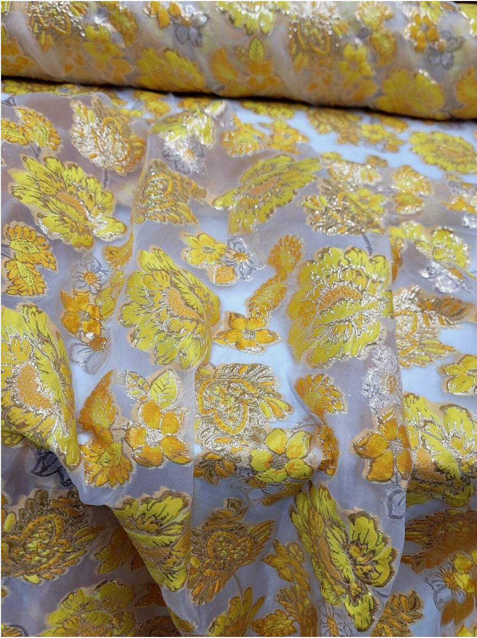 Yellow Orange Gold Floral Brocade Clear Organza Fabric - Wedding Prom Dress - By the Yard (60 inches)