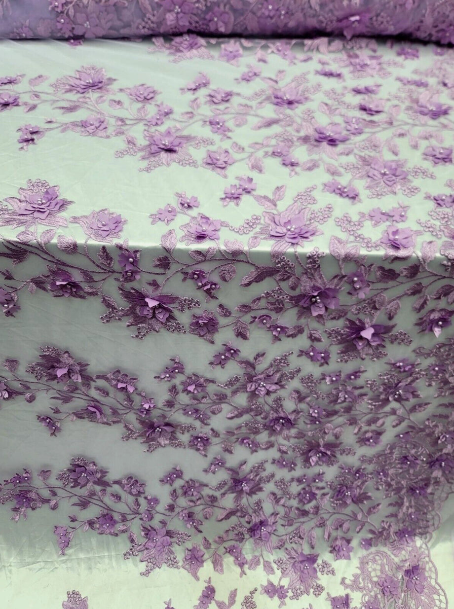 Lavender 3D Floral Design Embroidered Mesh Lace Fabric - Sold by the Yard (54" Width)