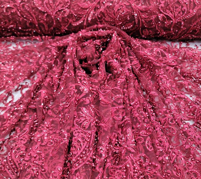 Burgundy Beaded Lace Embroidered Swirl Flowers Floral Sequin Mesh Fabric Sold By The Yard Prom Bridal Quinceañera