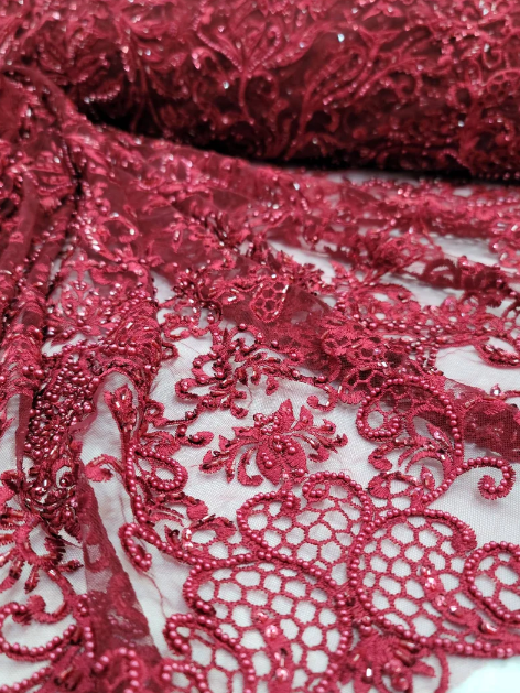 Burgundy Beaded Lace Embroidered Swirl Flowers Floral Sequin Mesh Fabric Sold By The Yard Prom Bridal Quinceañera