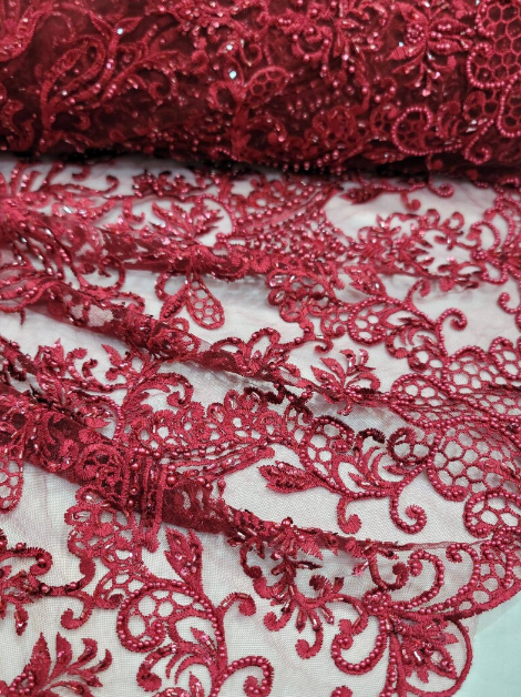 Burgundy Beaded Lace Embroidered Swirl Flowers Floral Sequin Mesh Fabric Sold By The Yard Prom Bridal Quinceañera