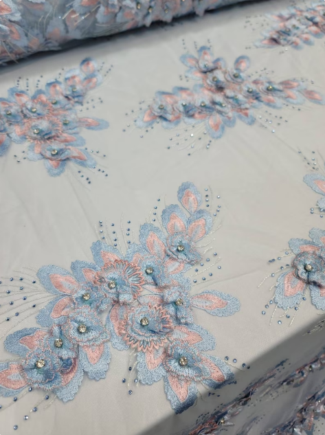 Sky Blue Beads Lace Rhinestones 3d Embroidery Floral Fabric By The Yard Prom Bridal Quinceañera