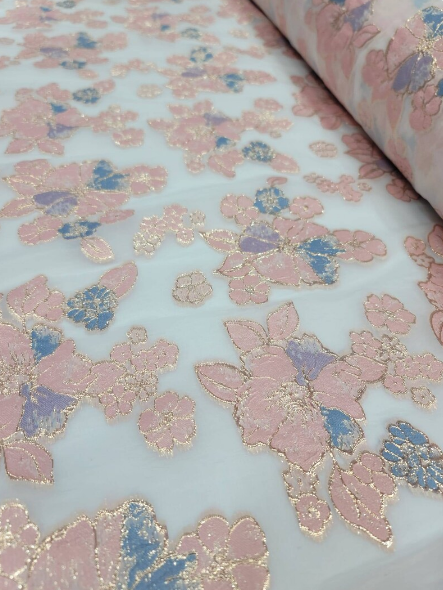 Lavender Blue Brocade Floral Flowers On White Organza Fabric By The Yard